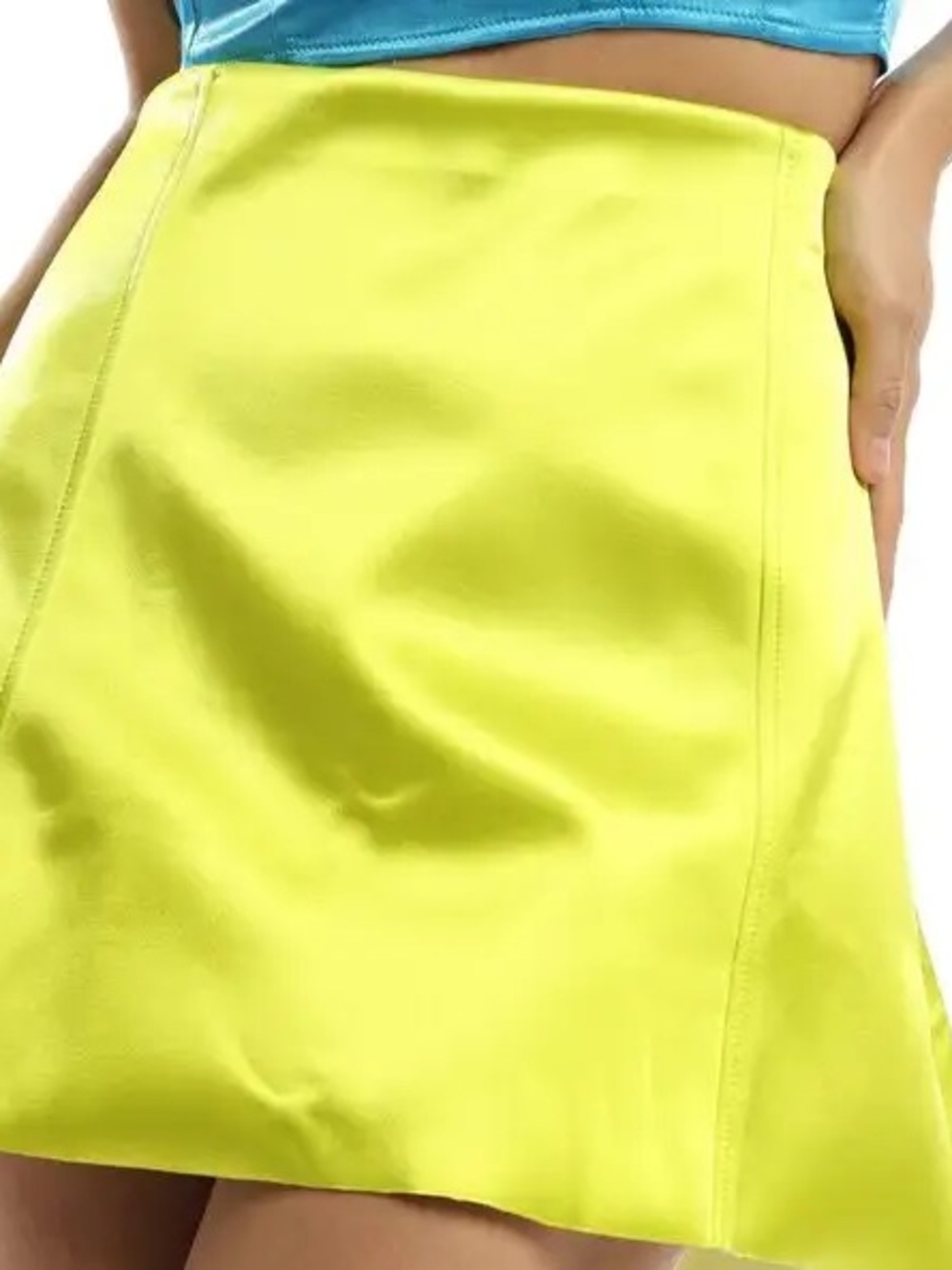 ASOS DESIGN Bonded Satin Mini Skirt Chartreuse Lime Neon Yellow Green Brat - Picture 6 of 14